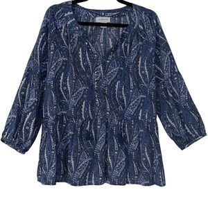 Liz Claiborne blue and white metallic detail tassel tie gathered blouse L